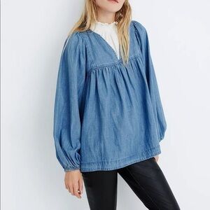 Madewell Denim Shirred Balloon-Sleeve Peasant Top Chambray Blue Size XS